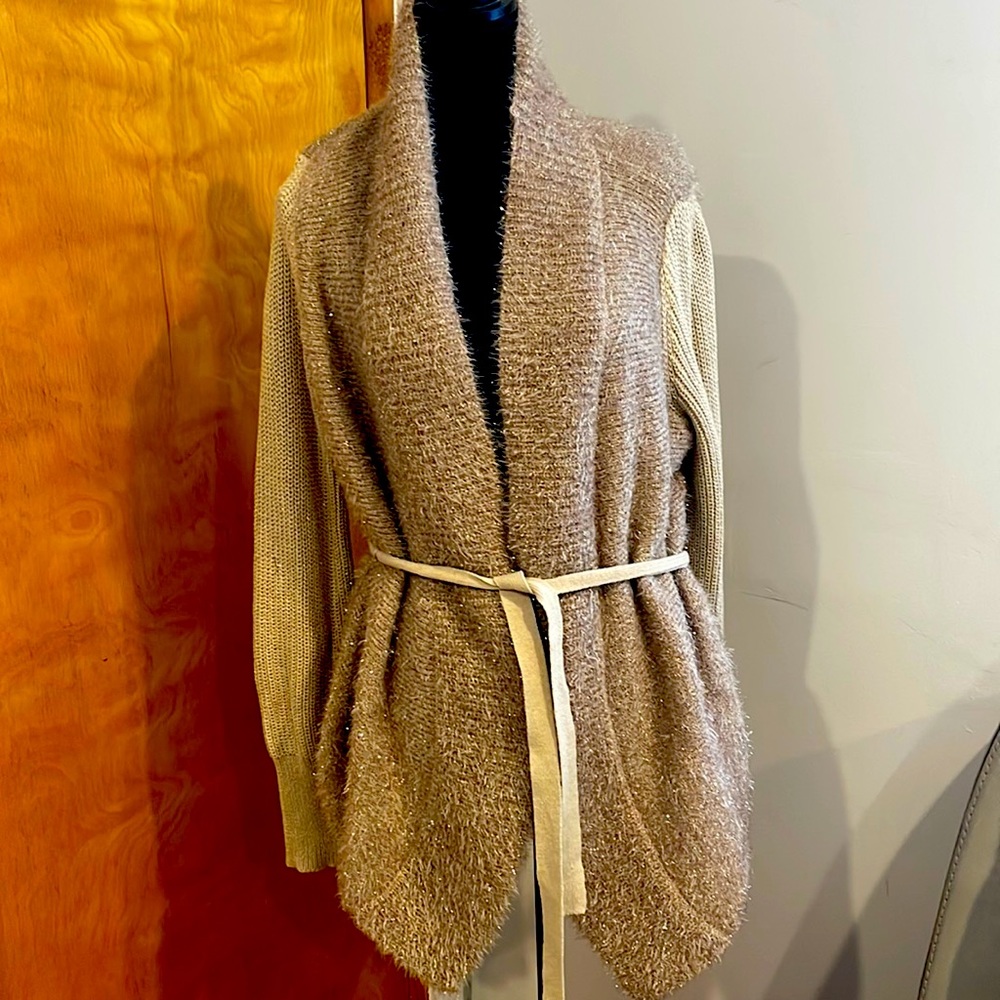 Gorgeous Gold Metallic Cardigan Sweater Hi/Lo design. Perfect for Holiday Season
